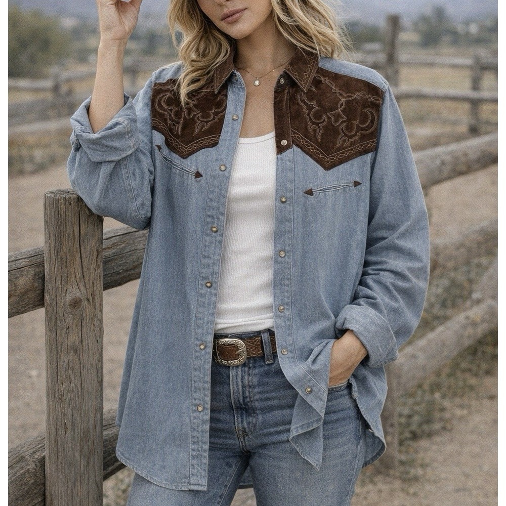 VTG Western Denim Shirt Women's 10 Suede Yoke Embroidered Snap Cowboy Ranchwear - Picture 14 of 14